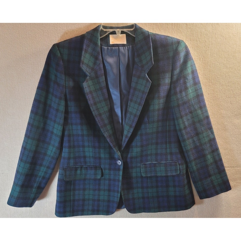 pendleton 100% virgin wool plaid green blue womans jacket size 10 vintage 70's